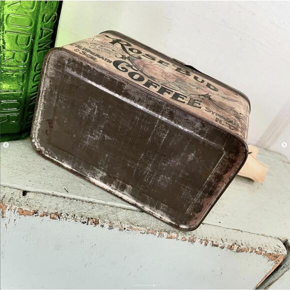Antique Rare Shabby Rose Bud Coffee Tin Can Canister Box Hinged Lid Paper Label - Picture 9 of 10